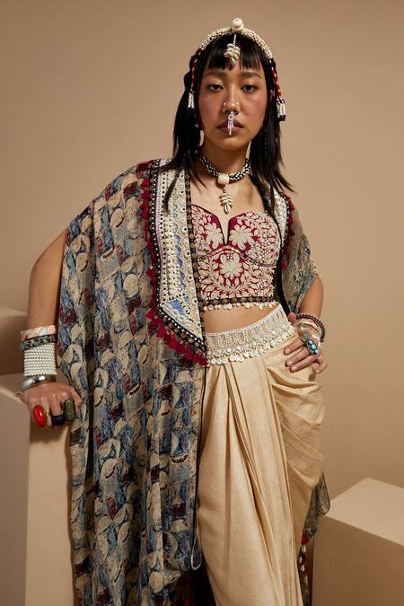 Buy Aseem Kapoor Multi Color Silk, Crepe Beads, Tassels Open Neck, Resham Embroidered Jacket Set Buy_Aseem Kapoor_Multi Color Silk, Crepe Beads, Tassels Open Neck, Resham Embroidered Jacket Set