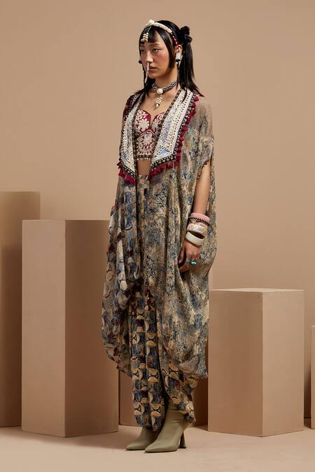 Aseem Kapoor Multi Color Silk, Net, Crepe Beads, Tassels, Embroidery Open Resham Jacket Set Online at Aza Fashions Aseem Kapoor_Multi Color Silk, Net, Crepe Beads, Tassels, Embroidery Open Resham Jacket Set _Online_at_Aza_Fashions