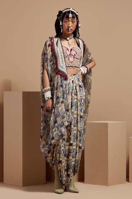ASEEM KAPOOR Multi Color Silk, Net, Crepe Beads, Tassels, Embroidery Open Resham Jacket Set 