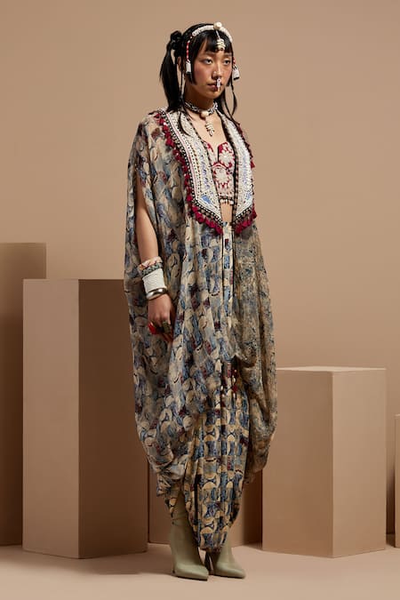 Shop Aseem Kapoor Multi Color Silk, Net, Crepe Beads, Tassels, Embroidery Open Resham Jacket Set Online at Aza Fashions Shop_Aseem Kapoor_Multi Color Silk, Net, Crepe Beads, Tassels, Embroidery Open Resham Jacket Set _Online_at_Aza_Fashions