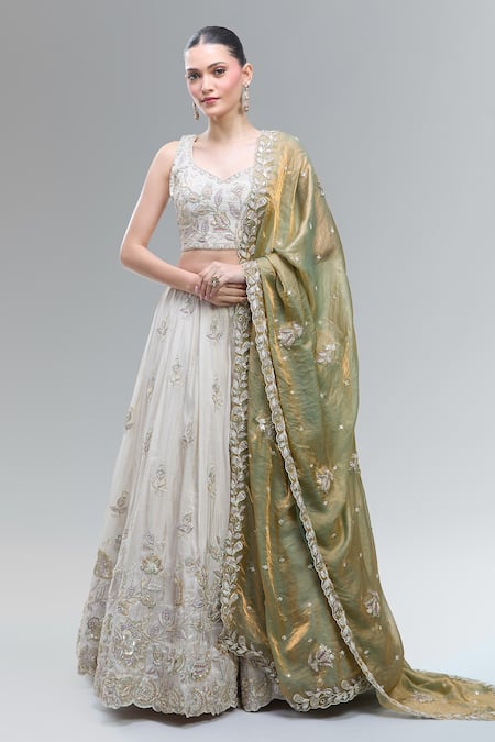Samyukta Singhania Cream Tissue Embroidered Lehenga Set 