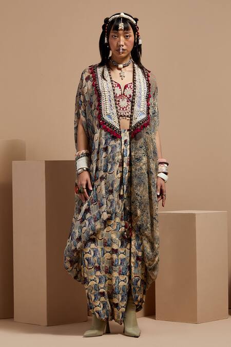 Aseem Kapoor Multi Color Silk, Net, Crepe Beads, Tassels, Embroidery Open Resham Jacket Set at Aza Fashions Aseem Kapoor_Multi Color Silk, Net, Crepe Beads, Tassels, Embroidery Open Resham Jacket Set _at_Aza_Fashions