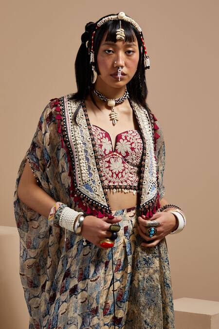 Buy Aseem Kapoor Multi Color Silk, Net, Crepe Beads, Tassels, Embroidery Open Resham Jacket Set Buy_Aseem Kapoor_Multi Color Silk, Net, Crepe Beads, Tassels, Embroidery Open Resham Jacket Set