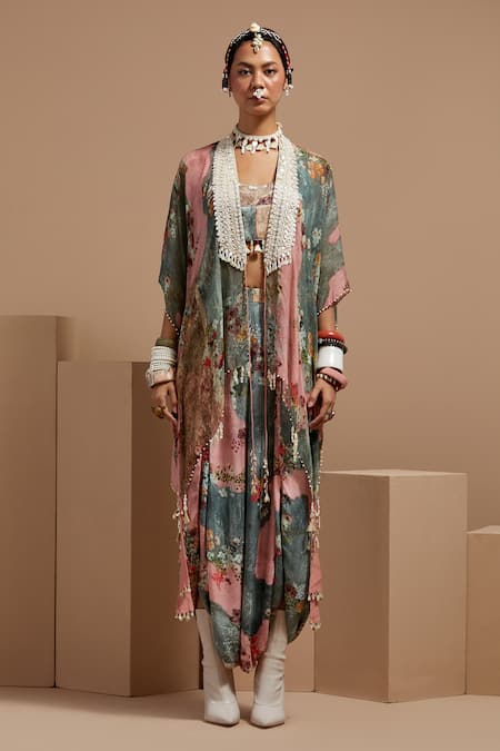 Shop Aseem Kapoor Multi Color Silk, Twill, Crepe Beads, Tassels, Resham Jacket And Trouser Set Online at Aza Fashions Shop_Aseem Kapoor_Multi Color Silk, Twill, Crepe Beads, Tassels, Resham Jacket And Trouser Set _Online_at_Aza_Fashions