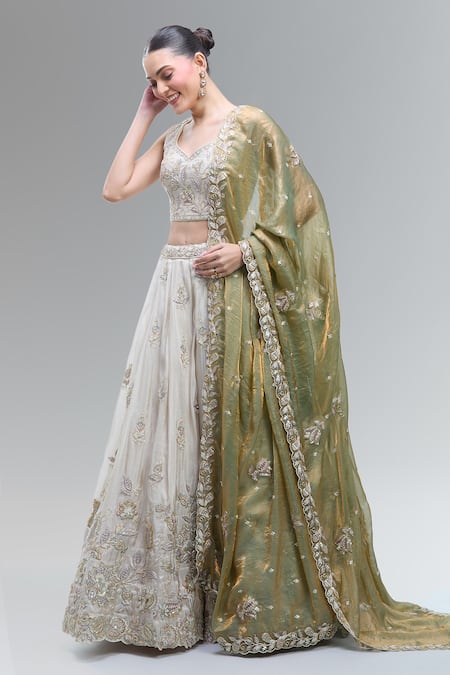 Shop_Samyukta Singhania_Cream Tissue, Viscose, Rayon Beads, Sequins, Zari, Embroidered Lehenga Set _Online_at_Aza_Fashions
