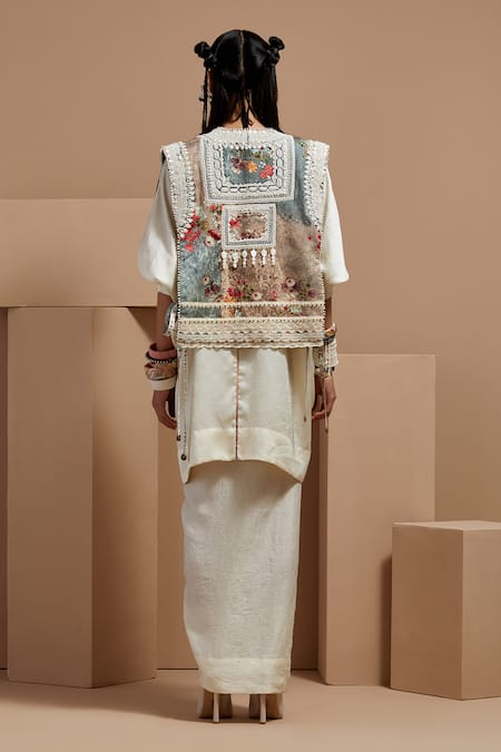 Shop Aseem Kapoor Multi Color Muslin, Silk, Crepe Embroidery, Beads Round Neck Gilet Kurta Set at Aza Fashions Shop_Aseem Kapoor_Multi Color Muslin, Silk, Crepe Embroidery, Beads Round Neck Gilet Kurta Set _at_Aza_Fashions