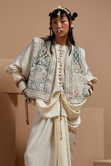 Shop Aseem Kapoor Multi Color Muslin, Silk, Crepe Embroidery, Beads Round Neck Gilet Kurta Set Online at Aza Fashions Shop_Aseem Kapoor_Multi Color Muslin, Silk, Crepe Embroidery, Beads Round Neck Gilet Kurta Set _Online_at_Aza_Fashions