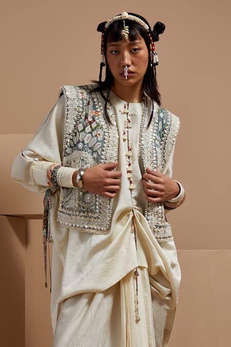 Aseem Kapoor Multi Color Muslin, Silk, Crepe Embroidery, Beads Round Neck Gilet Kurta Set at Aza Fashions Aseem Kapoor_Multi Color Muslin, Silk, Crepe Embroidery, Beads Round Neck Gilet Kurta Set _at_Aza_Fashions