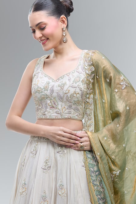 Samyukta Singhania_Cream Tissue, Viscose, Rayon Beads, Sequins, Zari, Embroidered Lehenga Set _at_Aza_Fashions