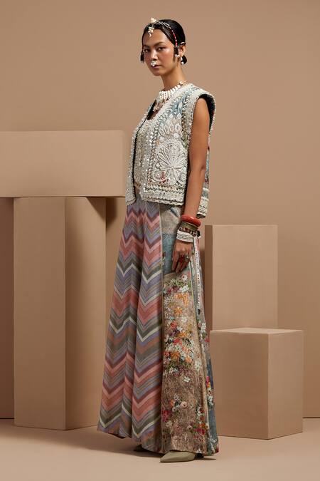 Aseem Kapoor Multi Color Muslin, Twill, Crepe Beads, Embroidery Round Neck Gilet Set Online at Aza Fashions Aseem Kapoor_Multi Color Muslin, Twill, Crepe Beads, Embroidery Round Neck Gilet Set _Online_at_Aza_Fashions