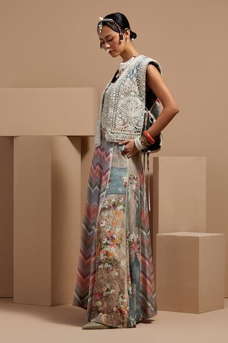 Buy Aseem Kapoor Multi Color Muslin, Twill, Crepe Beads, Embroidery Round Neck Gilet Set Online at Aza Fashions Buy_Aseem Kapoor_Multi Color Muslin, Twill, Crepe Beads, Embroidery Round Neck Gilet Set _Online_at_Aza_Fashions