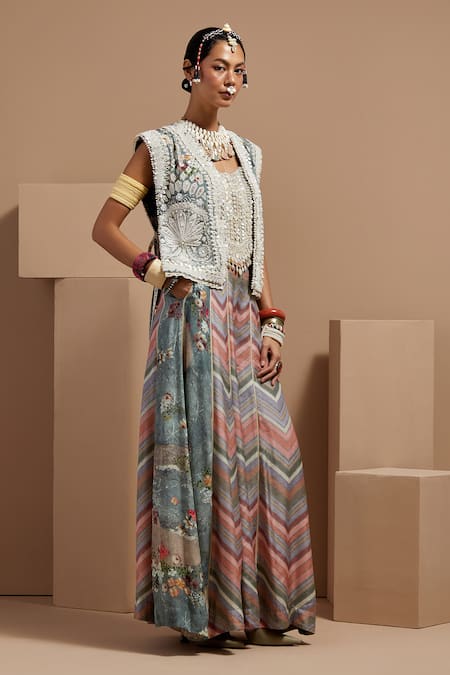 Shop Aseem Kapoor Multi Color Muslin, Twill, Crepe Beads, Embroidery Round Neck Gilet Set Online at Aza Fashions Shop_Aseem Kapoor_Multi Color Muslin, Twill, Crepe Beads, Embroidery Round Neck Gilet Set _Online_at_Aza_Fashions