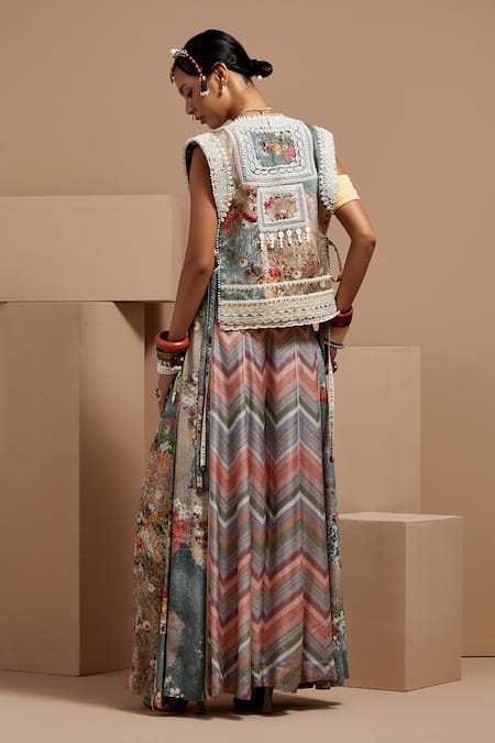 Shop Aseem Kapoor Multi Color Muslin, Twill, Crepe Beads, Embroidery Round Neck Gilet Set at Aza Fashions Shop_Aseem Kapoor_Multi Color Muslin, Twill, Crepe Beads, Embroidery Round Neck Gilet Set _at_Aza_Fashions