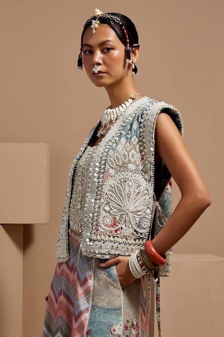 Aseem Kapoor Multi Color Muslin, Twill, Crepe Beads, Embroidery Round Neck Gilet Set at Aza Fashions Aseem Kapoor_Multi Color Muslin, Twill, Crepe Beads, Embroidery Round Neck Gilet Set _at_Aza_Fashions
