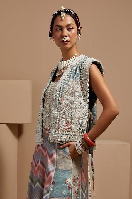 Buy Aseem Kapoor Multi Color Muslin, Twill, Crepe Beads, Embroidery Round Neck Gilet Set Buy_Aseem Kapoor_Multi Color Muslin, Twill, Crepe Beads, Embroidery Round Neck Gilet Set