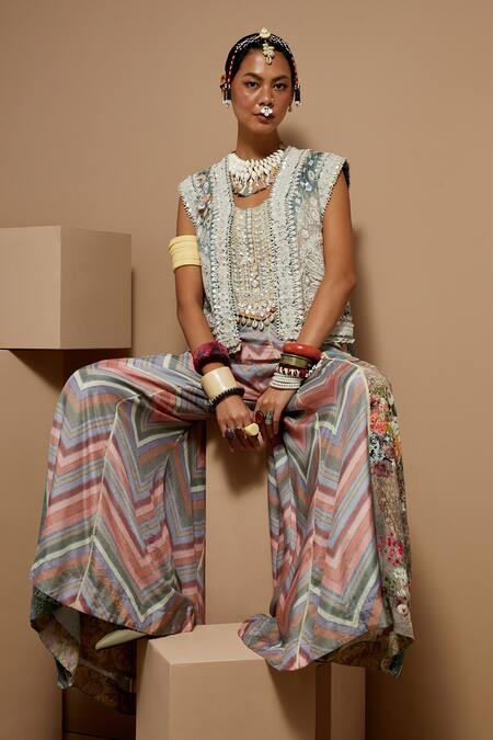 Shop Aseem Kapoor Multi Color Muslin, Twill, Crepe Beads, Embroidery Round Neck Gilet Set Shop_Aseem Kapoor_Multi Color Muslin, Twill, Crepe Beads, Embroidery Round Neck Gilet Set