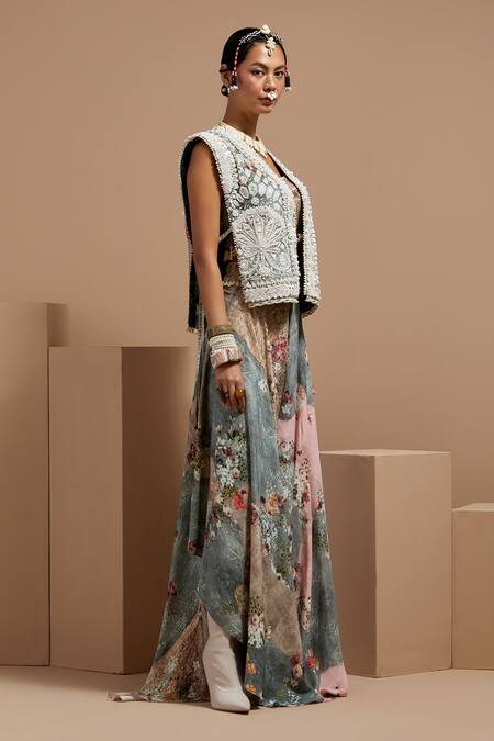 Aseem Kapoor Multi Color Twill, Cotton, Crepe Embroidery, Beads Round Neck Resham Gilet Set Online at Aza Fashions Aseem Kapoor_Multi Color Twill, Cotton, Crepe Embroidery, Beads Round Neck Resham Gilet Set _Online_at_Aza_Fashions