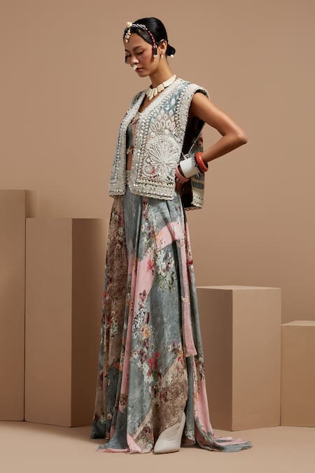 Buy Aseem Kapoor Multi Color Twill, Cotton, Crepe Embroidery, Beads Round Neck Resham Gilet Set Online at Aza Fashions Buy_Aseem Kapoor_Multi Color Twill, Cotton, Crepe Embroidery, Beads Round Neck Resham Gilet Set _Online_at_Aza_Fashions