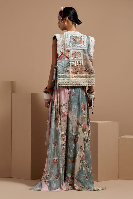 Shop Aseem Kapoor Multi Color Twill, Cotton, Crepe Embroidery, Beads Round Neck Resham Gilet Set at Aza Fashions Shop_Aseem Kapoor_Multi Color Twill, Cotton, Crepe Embroidery, Beads Round Neck Resham Gilet Set _at_Aza_Fashions