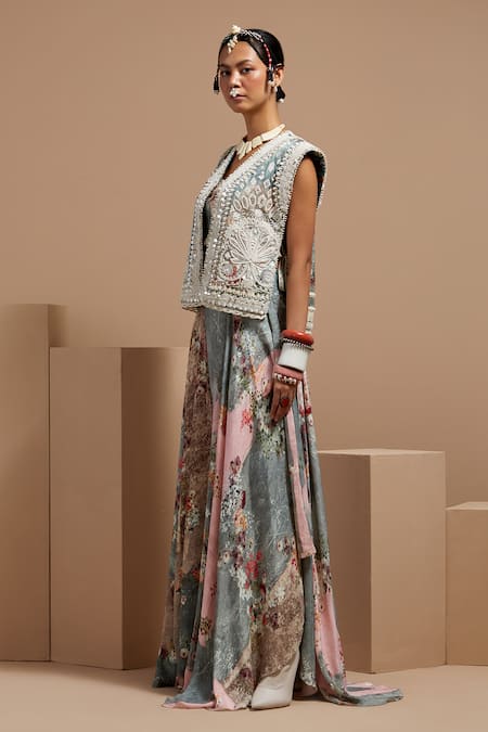 Shop Aseem Kapoor Multi Color Twill, Cotton, Crepe Embroidery, Beads Round Neck Resham Gilet Set Online at Aza Fashions Shop_Aseem Kapoor_Multi Color Twill, Cotton, Crepe Embroidery, Beads Round Neck Resham Gilet Set _Online_at_Aza_Fashions