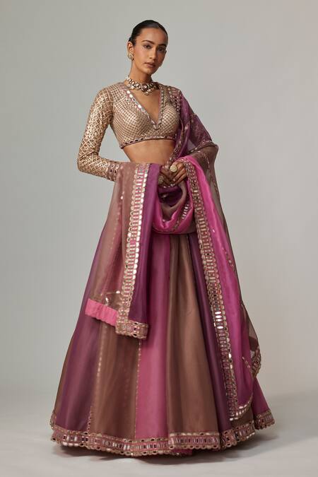 Vvani By Vani Vats Beige Organza, Georgette Gota Patti V-neck Mud Mauve Multicolor Lehenga Set Online at Aza Fashions Vvani By Vani Vats_Beige Organza, Georgette Gota Patti V-neck Mud Mauve Multicolor Lehenga Set _Online_at_Aza_Fashions