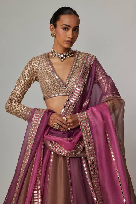 Shop Vvani By Vani Vats Beige Organza, Georgette Gota Patti V-neck Mud Mauve Multicolor Lehenga Set Online at Aza Fashions Shop_Vvani By Vani Vats_Beige Organza, Georgette Gota Patti V-neck Mud Mauve Multicolor Lehenga Set _Online_at_Aza_Fashions