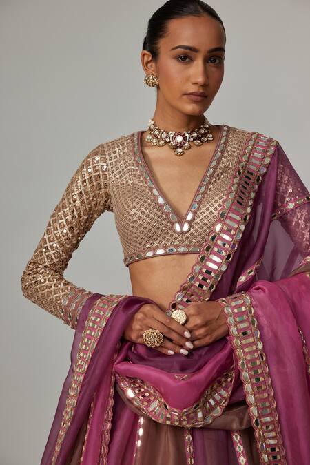 Vvani By Vani Vats Beige Organza, Georgette Gota Patti V-neck Mud Mauve Multicolor Lehenga Set at Aza Fashions Vvani By Vani Vats_Beige Organza, Georgette Gota Patti V-neck Mud Mauve Multicolor Lehenga Set _at_Aza_Fashions