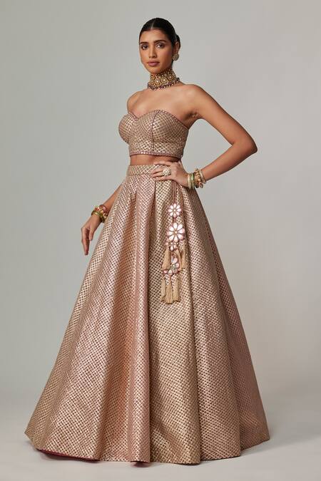 Vvani by vani vats_Beige Georgette Gota Patti Sweetheart Neck Multicolor Corset And Lehenga Set _Online_at_Aza_Fashions