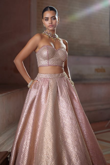 Vvani by vani vats_Beige Georgette Gota Patti Sweetheart Neck Multicolor Corset And Lehenga Set _at_Aza_Fashions