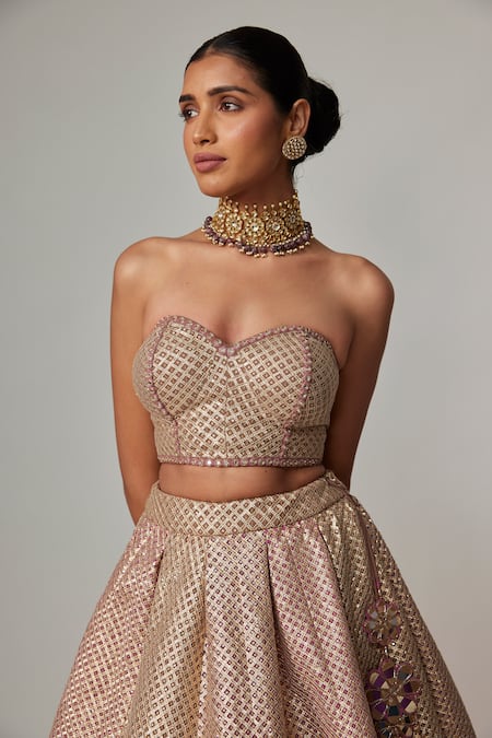 Buy_Vvani by vani vats_Beige Georgette Gota Patti Sweetheart Neck Multicolor Corset And Lehenga Set 