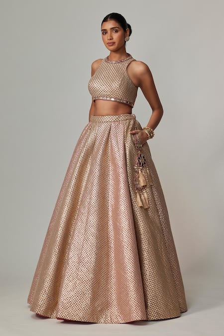 Vvani by Vani Vats Beige Georgette Gota Patti Round Neck Deep Multicolor Lehenga Set 