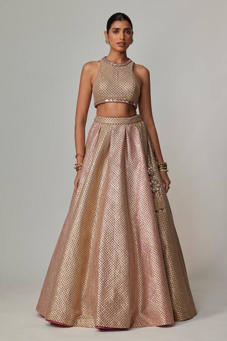 Vvani By Vani Vats Beige Georgette Gota Patti Round Neck Deep Multicolor Lehenga Set Online at Aza Fashions Vvani By Vani Vats_Beige Georgette Gota Patti Round Neck Deep Multicolor Lehenga Set _Online_at_Aza_Fashions