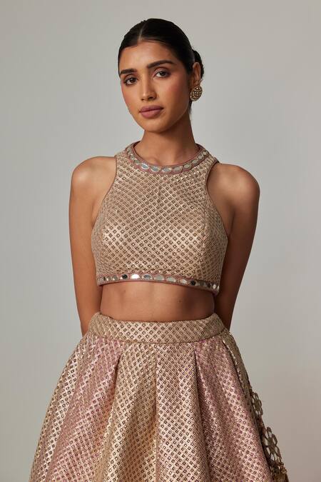 Buy Vvani By Vani Vats Beige Georgette Gota Patti Round Neck Deep Multicolor Lehenga Set Online at Aza Fashions Buy_Vvani By Vani Vats_Beige Georgette Gota Patti Round Neck Deep Multicolor Lehenga Set _Online_at_Aza_Fashions