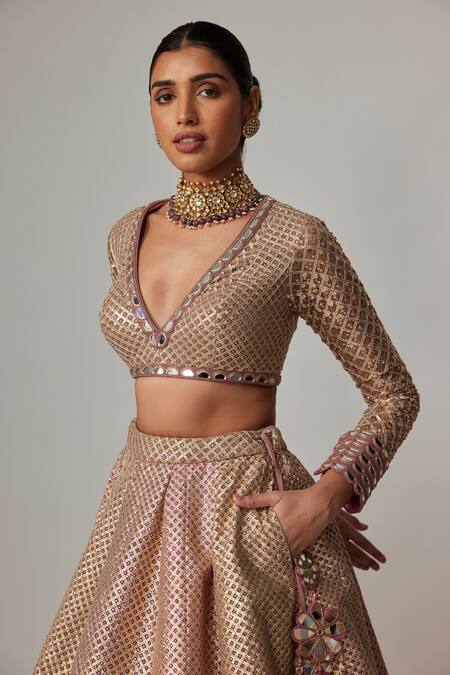 Vvani By Vani Vats_Beige Georgette Gota Patti, Mirrors V-neck Deep V Crop Top And Skirt Set _Online_at_Aza_Fashions