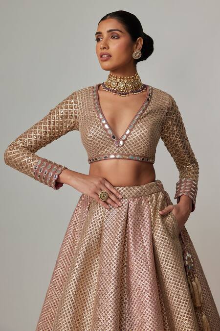 Buy_Vvani By Vani Vats_Beige Georgette Gota Patti, Mirrors V-neck Deep V Crop Top And Skirt Set _Online_at_Aza_Fashions