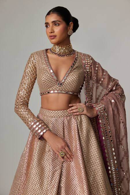 Shop_Vvani By Vani Vats_Beige Georgette, Organza Gota Patti V-neck Deep Embroidered Lehenga Set _Online_at_Aza_Fashions