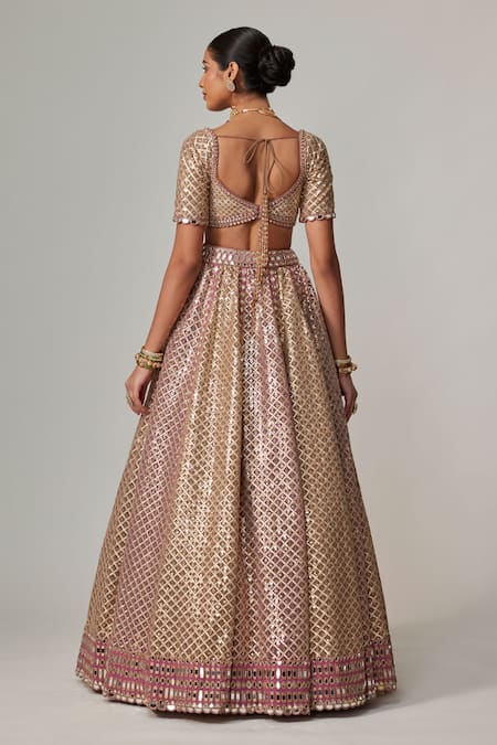 Shop Vvani By Vani Vats Beige Georgette, Organza Gota Patti Sweetheart Neck Deep Metallic Lehenga Set at Aza Fashions Shop_Vvani By Vani Vats_Beige Georgette, Organza Gota Patti Sweetheart Neck Deep Metallic Lehenga Set _at_Aza_Fashions