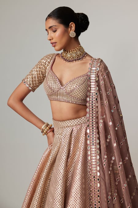 Buy Vvani By Vani Vats Beige Georgette, Organza Gota Patti Sweetheart Neck Deep Metallic Lehenga Set Online at Aza Fashions Buy_Vvani By Vani Vats_Beige Georgette, Organza Gota Patti Sweetheart Neck Deep Metallic Lehenga Set _Online_at_Aza_Fashions