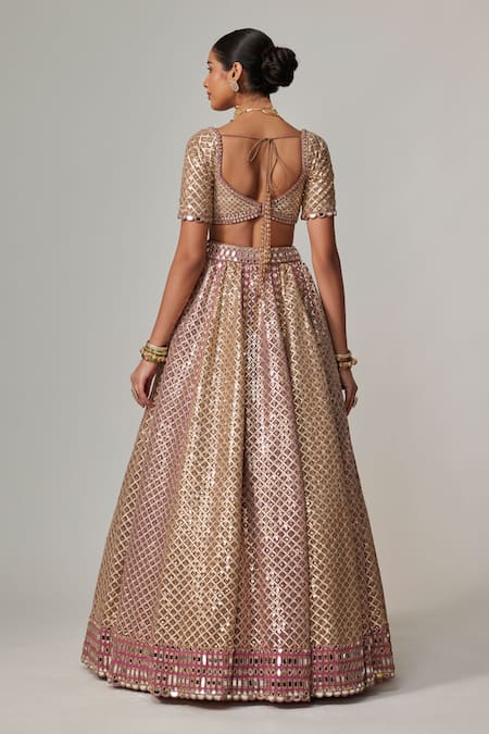 Shop Vvani By Vani Vats Beige Georgette, Organza Gota Patti Sweetheart Neck Deep Metallic Lehenga Set at Aza Fashions Shop_Vvani By Vani Vats_Beige Georgette, Organza Gota Patti Sweetheart Neck Deep Metallic Lehenga Set _at_Aza_Fashions