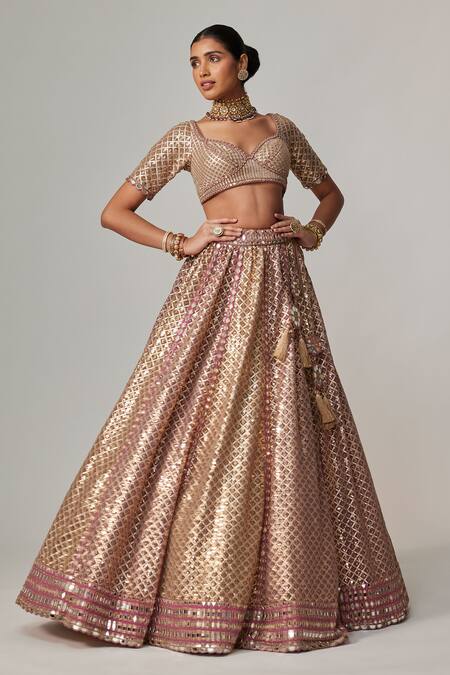 Buy Vvani By Vani Vats Beige Georgette, Organza Gota Patti Sweetheart Neck Deep Metallic Lehenga Set Online at Aza Fashions Buy_Vvani By Vani Vats_Beige Georgette, Organza Gota Patti Sweetheart Neck Deep Metallic Lehenga Set _Online_at_Aza_Fashions