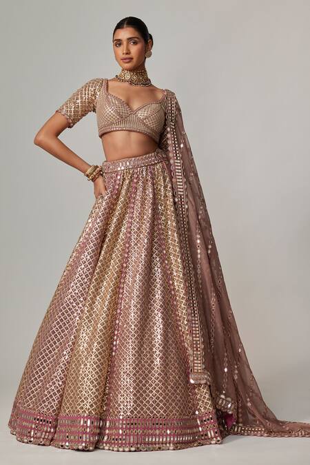 Shop Vvani By Vani Vats Beige Georgette, Organza Gota Patti Sweetheart Neck Deep Metallic Lehenga Set Online at Aza Fashions Shop_Vvani By Vani Vats_Beige Georgette, Organza Gota Patti Sweetheart Neck Deep Metallic Lehenga Set _Online_at_Aza_Fashions