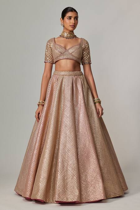 Vvani By Vani Vats Beige Georgette, Organza Gota Patti Sweetheart Neck Deep Metallic Lehenga Set at Aza Fashions Vvani By Vani Vats_Beige Georgette, Organza Gota Patti Sweetheart Neck Deep Metallic Lehenga Set _at_Aza_Fashions