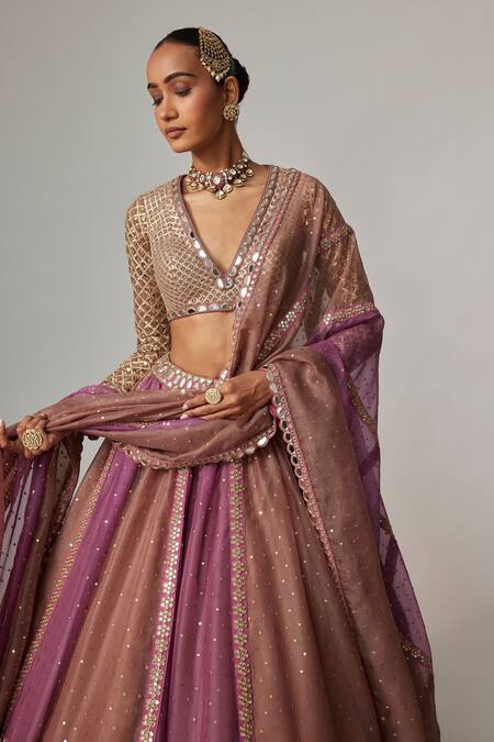 Vvani By Vani Vats Beige Organza, Georgette Sequins, Gota Patti V-neck Mud Mauve Chita Lehenga Set Online at Aza Fashions Vvani By Vani Vats_Beige Organza, Georgette Sequins, Gota Patti V-neck Mud Mauve Chita Lehenga Set _Online_at_Aza_Fashions