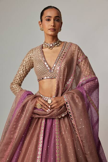 Buy Vvani By Vani Vats Beige Organza, Georgette Sequins, Gota Patti V-neck Mud Mauve Chita Lehenga Set Online at Aza Fashions Buy_Vvani By Vani Vats_Beige Organza, Georgette Sequins, Gota Patti V-neck Mud Mauve Chita Lehenga Set _Online_at_Aza_Fashions