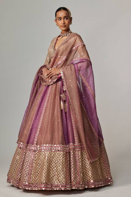 Shop Vvani By Vani Vats Beige Organza, Georgette Sequins, Gota Patti V-neck Mud Mauve Chita Lehenga Set Online at Aza Fashions Shop_Vvani By Vani Vats_Beige Organza, Georgette Sequins, Gota Patti V-neck Mud Mauve Chita Lehenga Set _Online_at_Aza_Fashions
