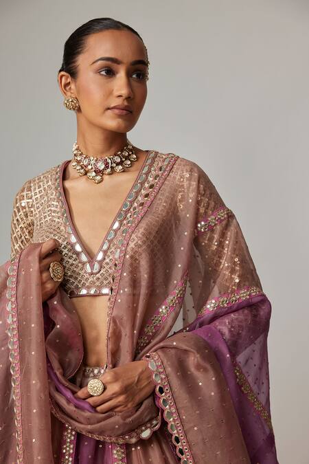 Vvani By Vani Vats Beige Organza, Georgette Sequins, Gota Patti V-neck Mud Mauve Chita Lehenga Set at Aza Fashions Vvani By Vani Vats_Beige Organza, Georgette Sequins, Gota Patti V-neck Mud Mauve Chita Lehenga Set _at_Aza_Fashions