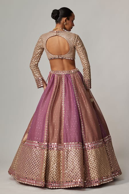 Shop Vvani By Vani Vats Beige Organza, Georgette Sequins, Gota Patti V-neck Mud Mauve Chita Lehenga Set at Aza Fashions Shop_Vvani By Vani Vats_Beige Organza, Georgette Sequins, Gota Patti V-neck Mud Mauve Chita Lehenga Set _at_Aza_Fashions