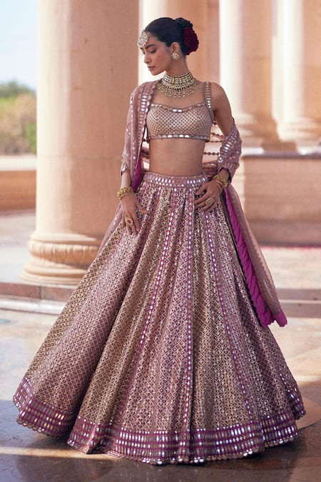 Vvani by Vani Vats Beige Georgette, Organza Gota Patti, Embroidery Deep Metallic Lehenga Set 