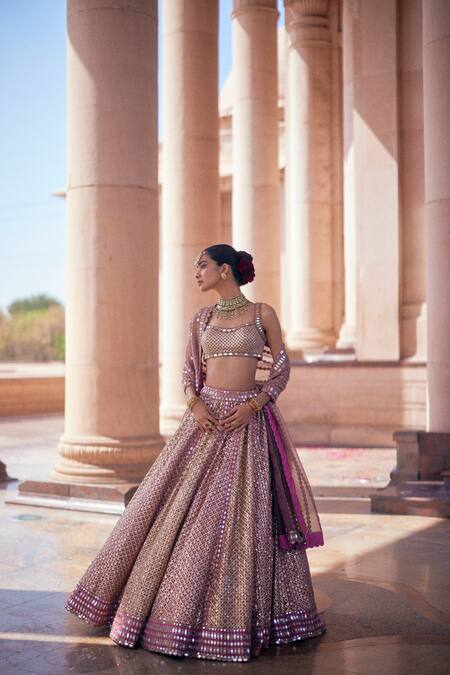 Shop Vvani By Vani Vats Beige Georgette, Organza Gota Patti, Embroidery Deep Metallic Lehenga Set Shop_Vvani By Vani Vats_Beige Georgette, Organza Gota Patti, Embroidery Deep Metallic Lehenga Set