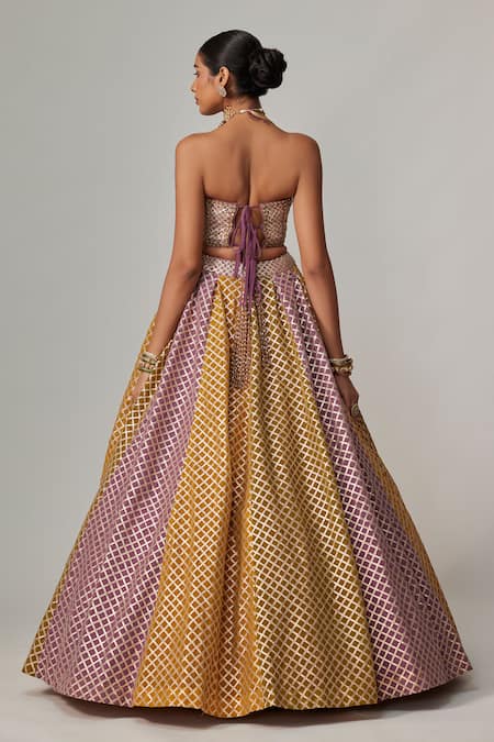 Shop Vvani By Vani Vats Mauve Georgette Gota Patti Sweetheart Neck Mustard Corset Lehenga Set at Aza Fashions Shop_Vvani By Vani Vats_Mauve Georgette Gota Patti Sweetheart Neck Mustard Corset Lehenga Set _at_Aza_Fashions